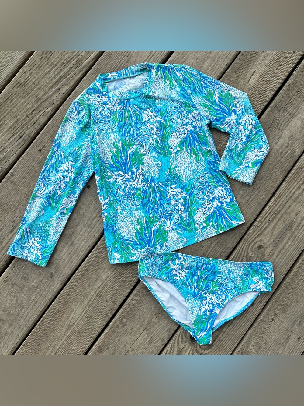 Lilly Pulitzer Girls Bobby Rashguard Swimsuit Set Los Olas Aqua Blue 12
